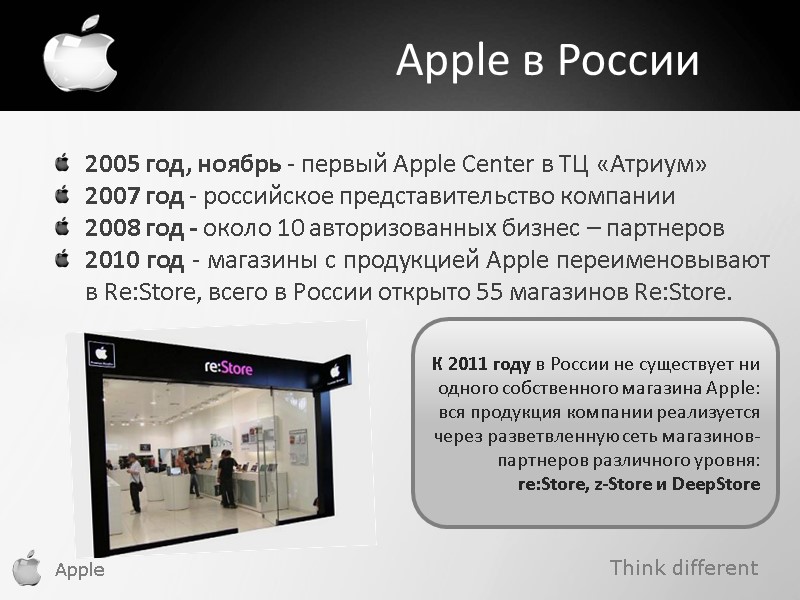Think different Apple Apple в России 2005 год, ноябрь - первый Apple Center в